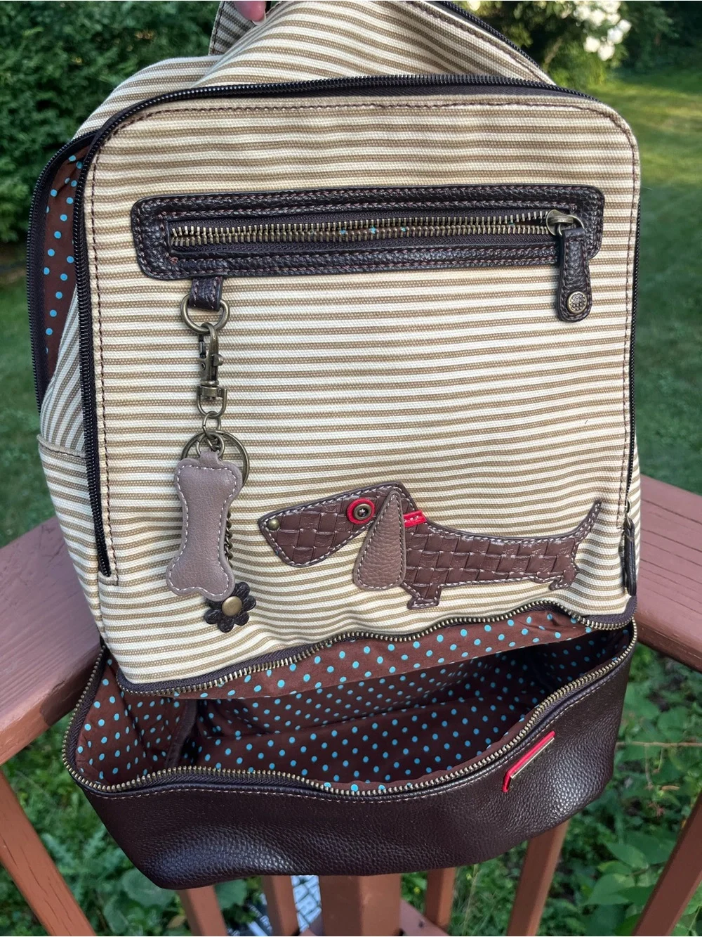 Chala Cream & Brown Striped Backpack with Dachshund Dog Applique